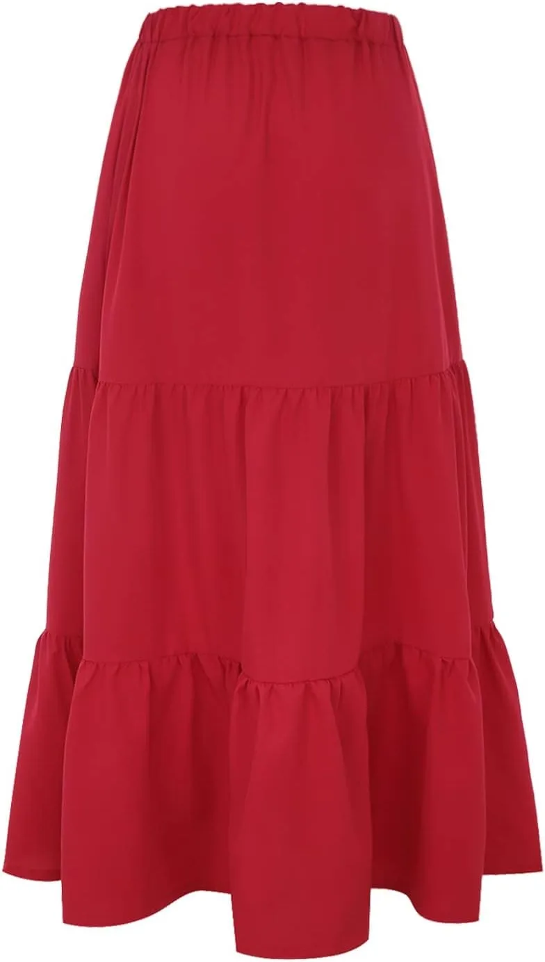 Flowy Pleated Maxi Midi Skirts for Women Casual Summer Boho Maxi Skirt Solid Color High Waisted Swing Tiered A-Line Skirt