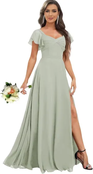 Flutter Sleeve V Neck Slit Bridesmaid Dresses Long for Women Ruched Chiffon Empire Waist Formal Gowns with Pockets