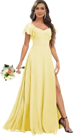 Flutter Sleeve V Neck Slit Bridesmaid Dresses Long for Women Ruched Chiffon Empire Waist Formal Gowns with Pockets