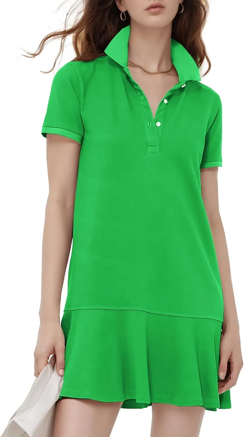 Flygo Womens Polo Dress Collared Short Sleeve Ruffle Golf Tennis T Shirt Sports Workout Mini Summer Dresses Tunic Pique