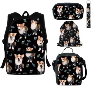 GIFTPUZZ Corgi Butterfly Travel Backpacks with Lunch Bag   Pencil Case   Drawstring Bag   Keychain 5 in 1 School Bag Set Women Men Boys Girls Picnic Hiking Book Bag School Storages Bag