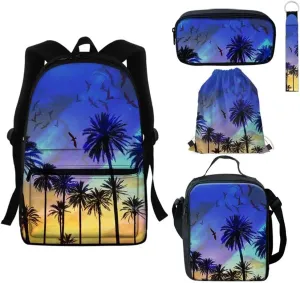 GIFTPUZZ Kids School Backpack Hawaiian Iron Tree Print Lunch Box Pencil Pouch Case Drawstring Bag Keychain for Kids Back to School Rucksack 5 Pieces for Girls Boys