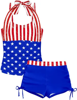 Girls Swimsuit 2 Piece Halterneck Girls Tankini Swimsuit Drawstring Printed Swim Shorts Girl Bathing Suit for 7-16T