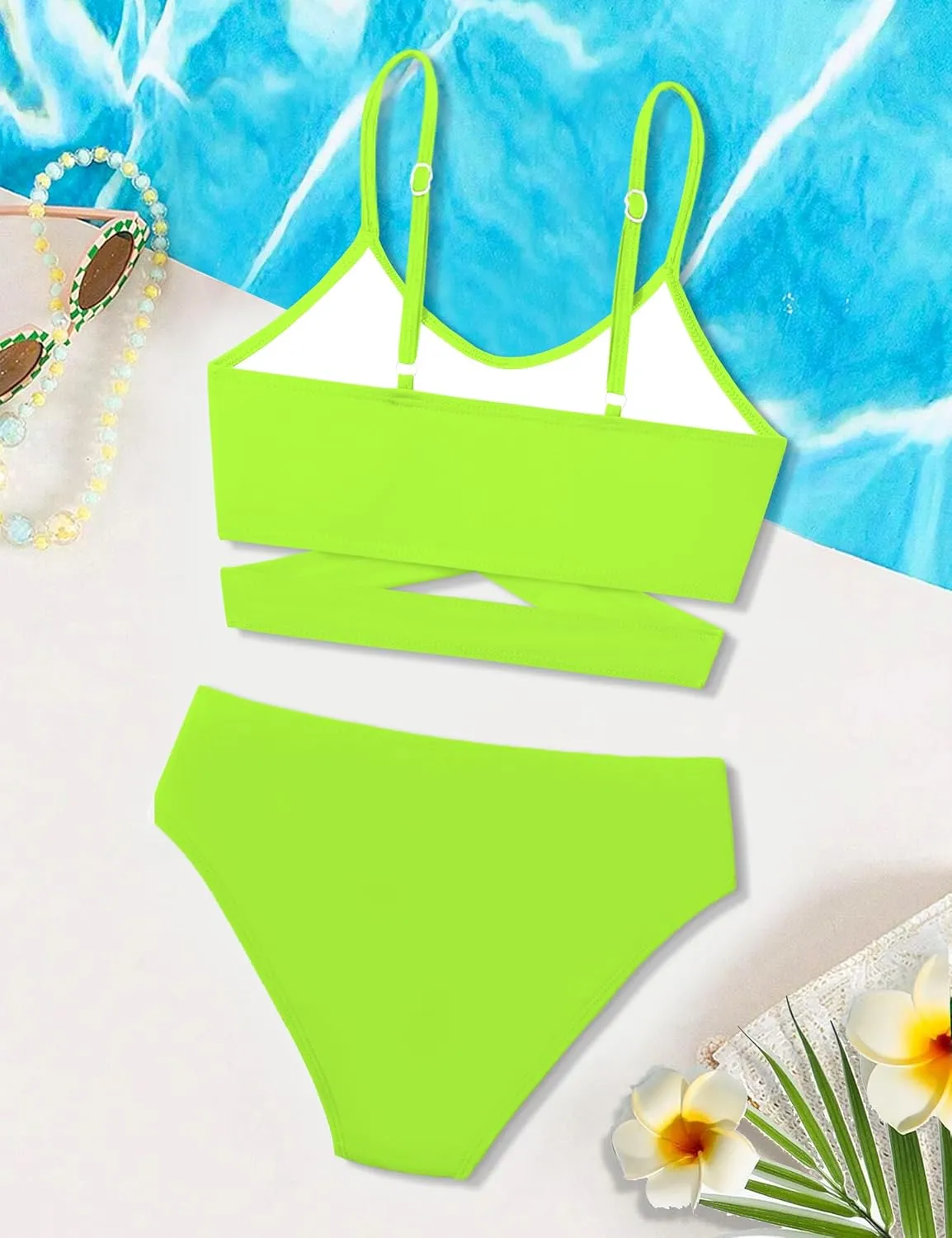 Girls Swimsuit Bathing Suits Criss Cross Bikini Set Two Piece Girls' Swimwear Solid Color Bathing Suit 7-16T