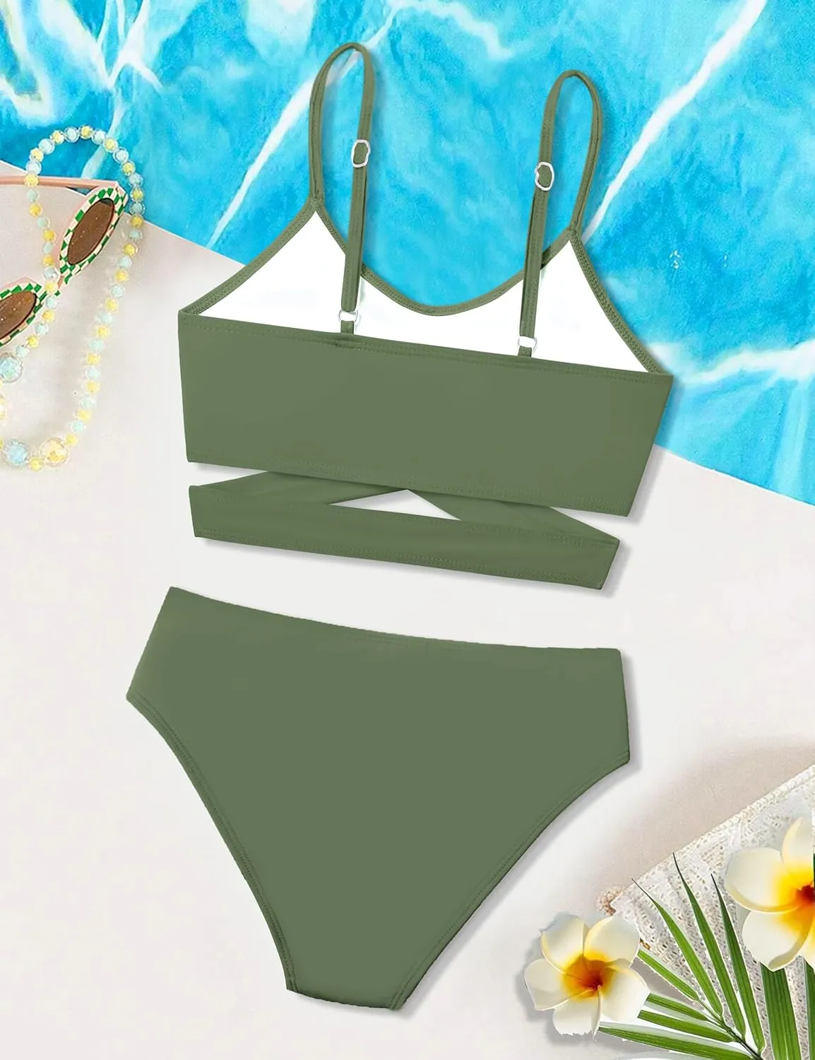 Girls Swimsuit Bathing Suits Criss Cross Bikini Set Two Piece Girls' Swimwear Solid Color Bathing Suit 7-16T