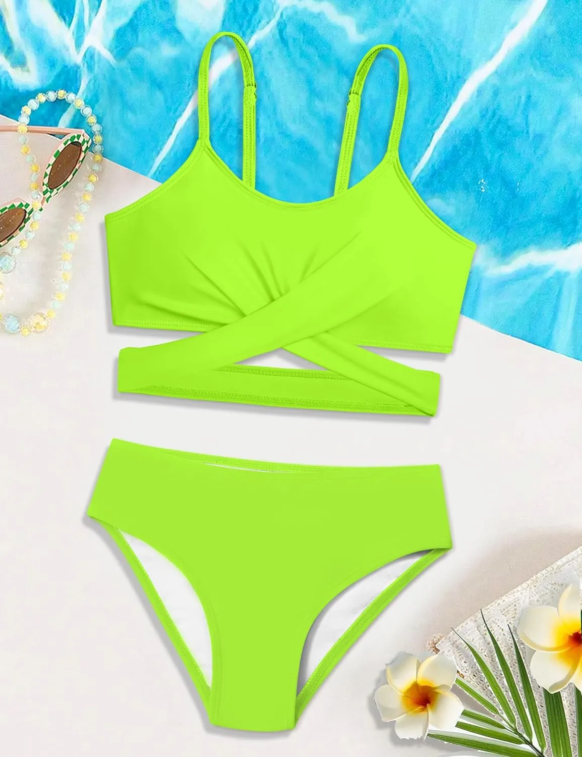 Girls Swimsuit Bathing Suits Criss Cross Bikini Set Two Piece Girls' Swimwear Solid Color Bathing Suit 7-16T