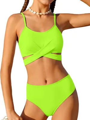 Girls Swimsuit Bathing Suits Criss Cross Bikini Set Two Piece Girls' Swimwear Solid Color Bathing Suit 7-16T