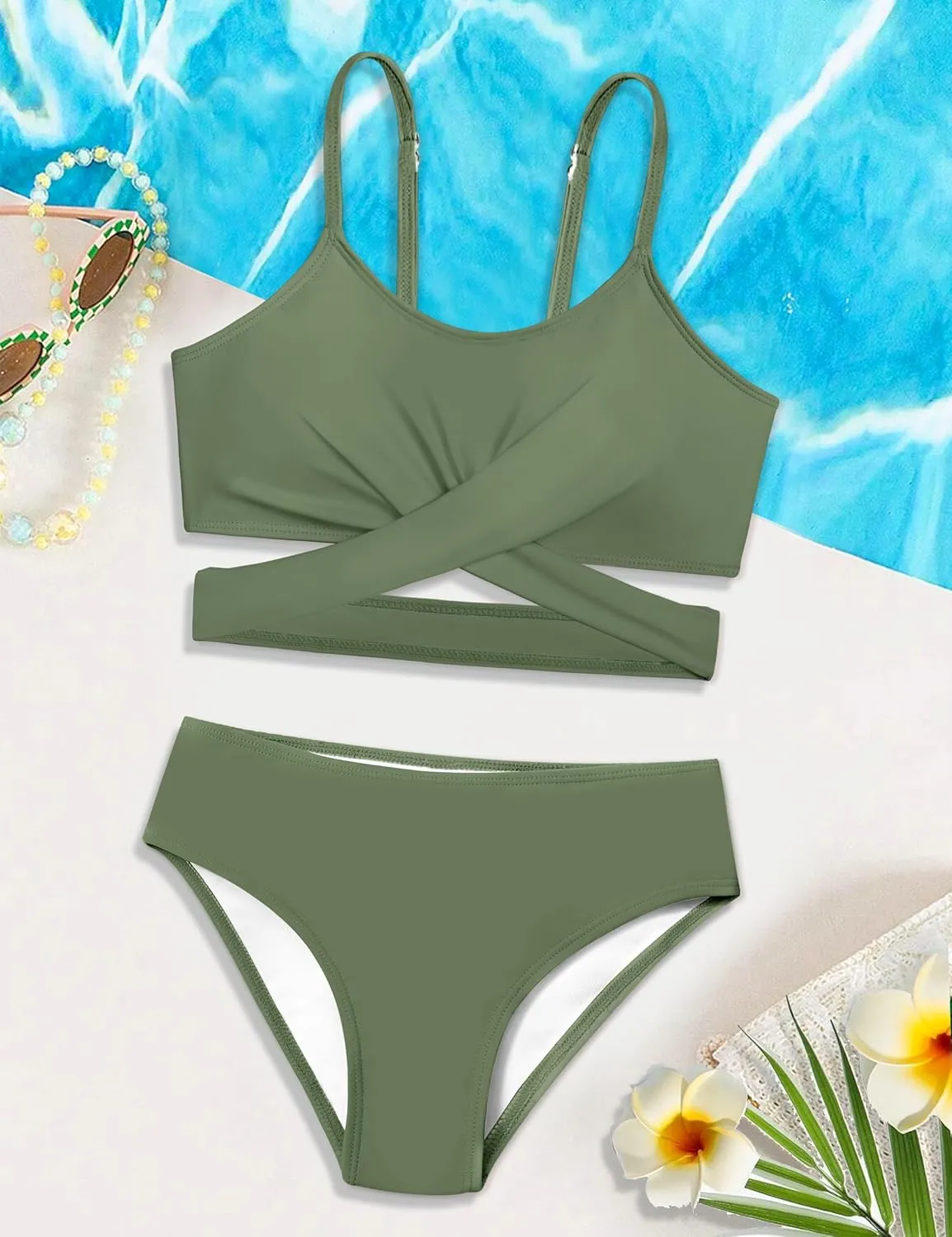 Girls Swimsuit Bathing Suits Criss Cross Bikini Set Two Piece Girls' Swimwear Solid Color Bathing Suit 7-16T
