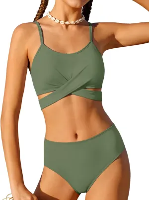 Girls Swimsuit Bathing Suits Criss Cross Bikini Set Two Piece Girls' Swimwear Solid Color Bathing Suit 7-16T
