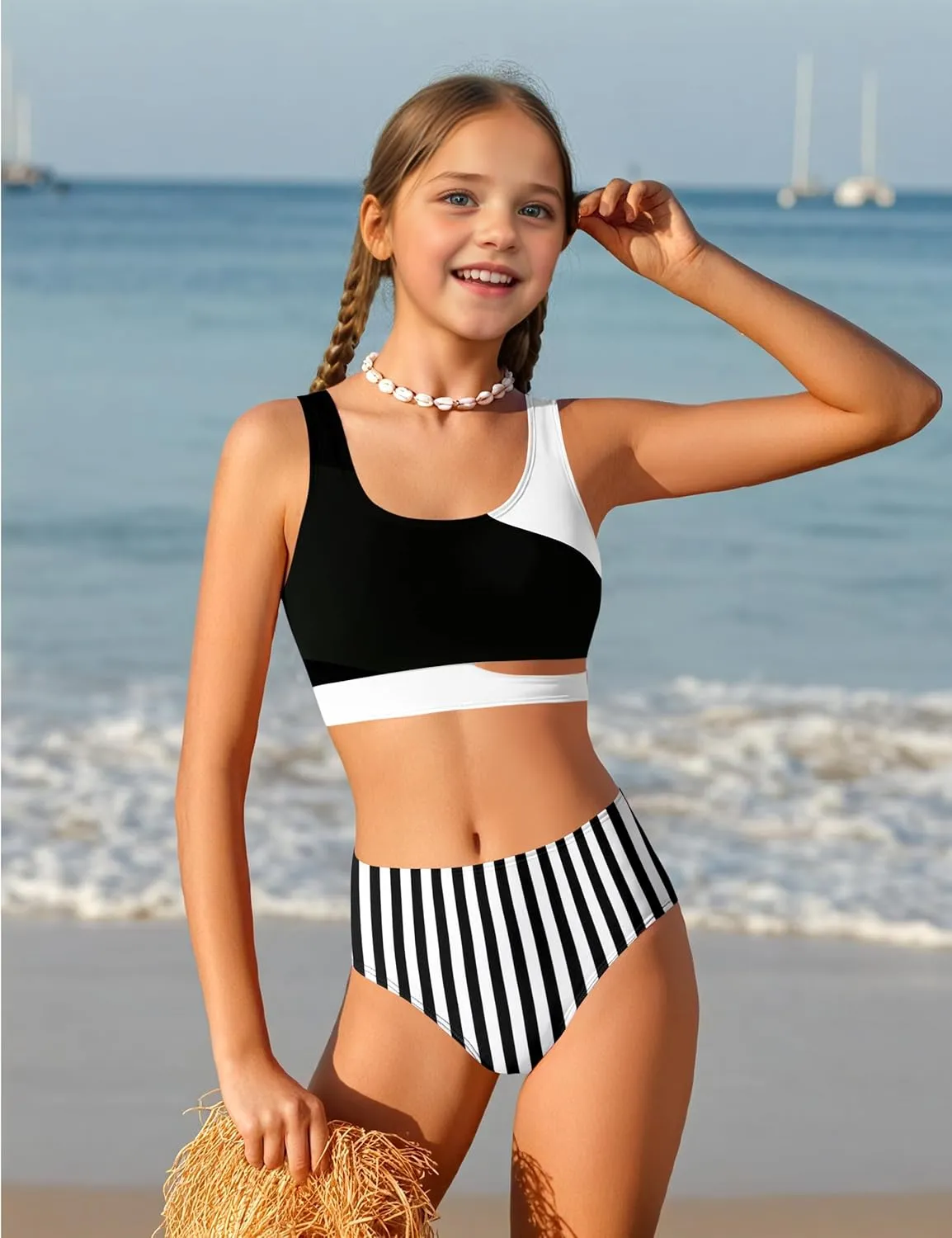 Girls Swimsuit Stripe Bathing Suit Color Block Sporty Bikini Swimsuits Swim Cover Up Skirt 3 Piece Set