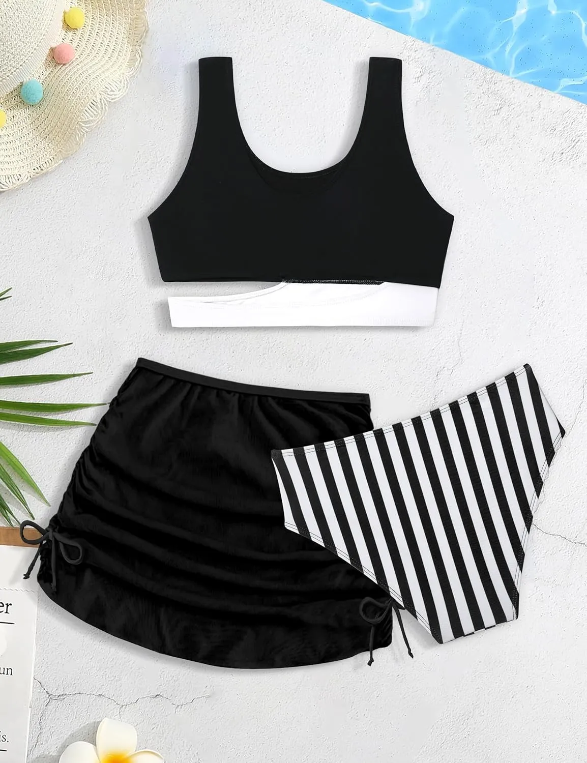 Girls Swimsuit Stripe Bathing Suit Color Block Sporty Bikini Swimsuits Swim Cover Up Skirt 3 Piece Set