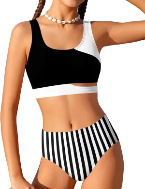 Girls Swimsuit Stripe Bathing Suit Color Block Sporty Bikini Swimsuits Swim Cover Up Skirt 3 Piece Set