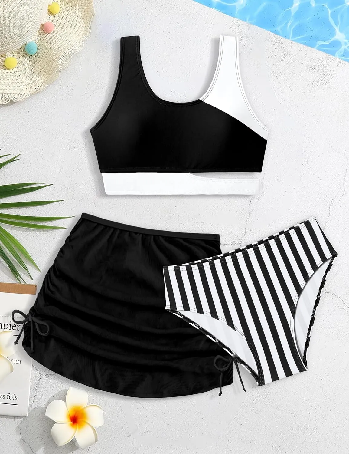 Girls Swimsuit Stripe Bathing Suit Color Block Sporty Bikini Swimsuits Swim Cover Up Skirt 3 Piece Set