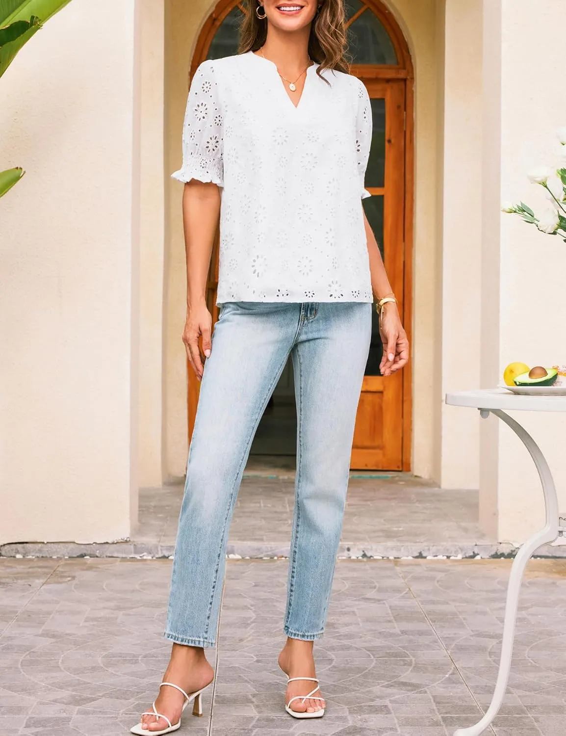 GRACE KARIN Women's Summer Tops Puff Short Sleeve V Neck Blouses Hollow Out Lace Embroidered Blouses Shirts