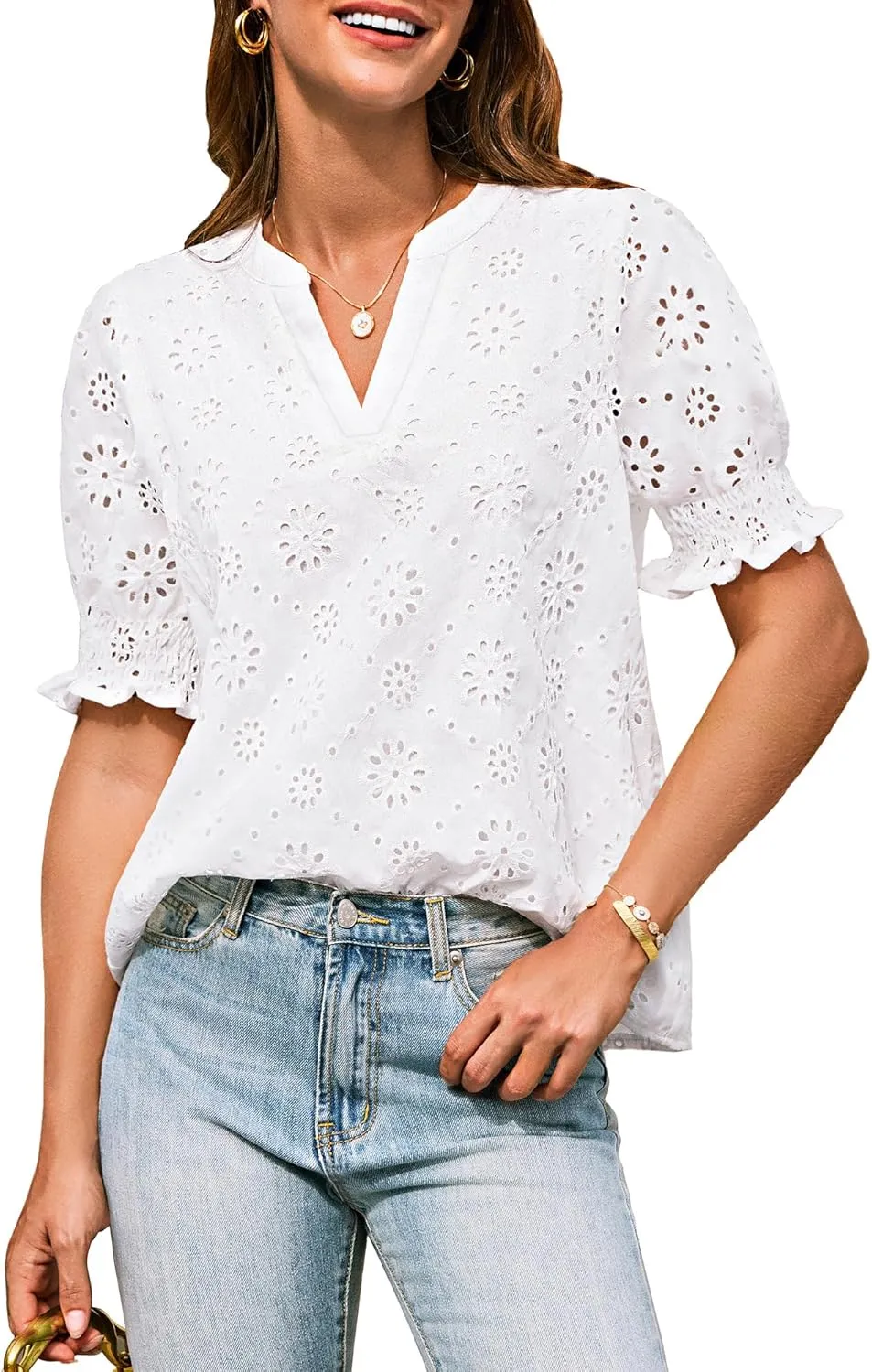 GRACE KARIN Women's Summer Tops Puff Short Sleeve V Neck Blouses Hollow Out Lace Embroidered Blouses Shirts