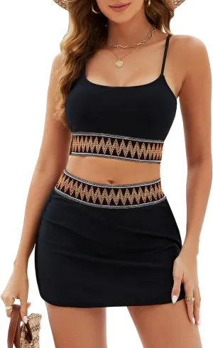 High Waisted Bikini Sets for Women Two Piece Swimsuit Skirt Tummy Control Bathing Suit Boho Teens Swim Suits 2025