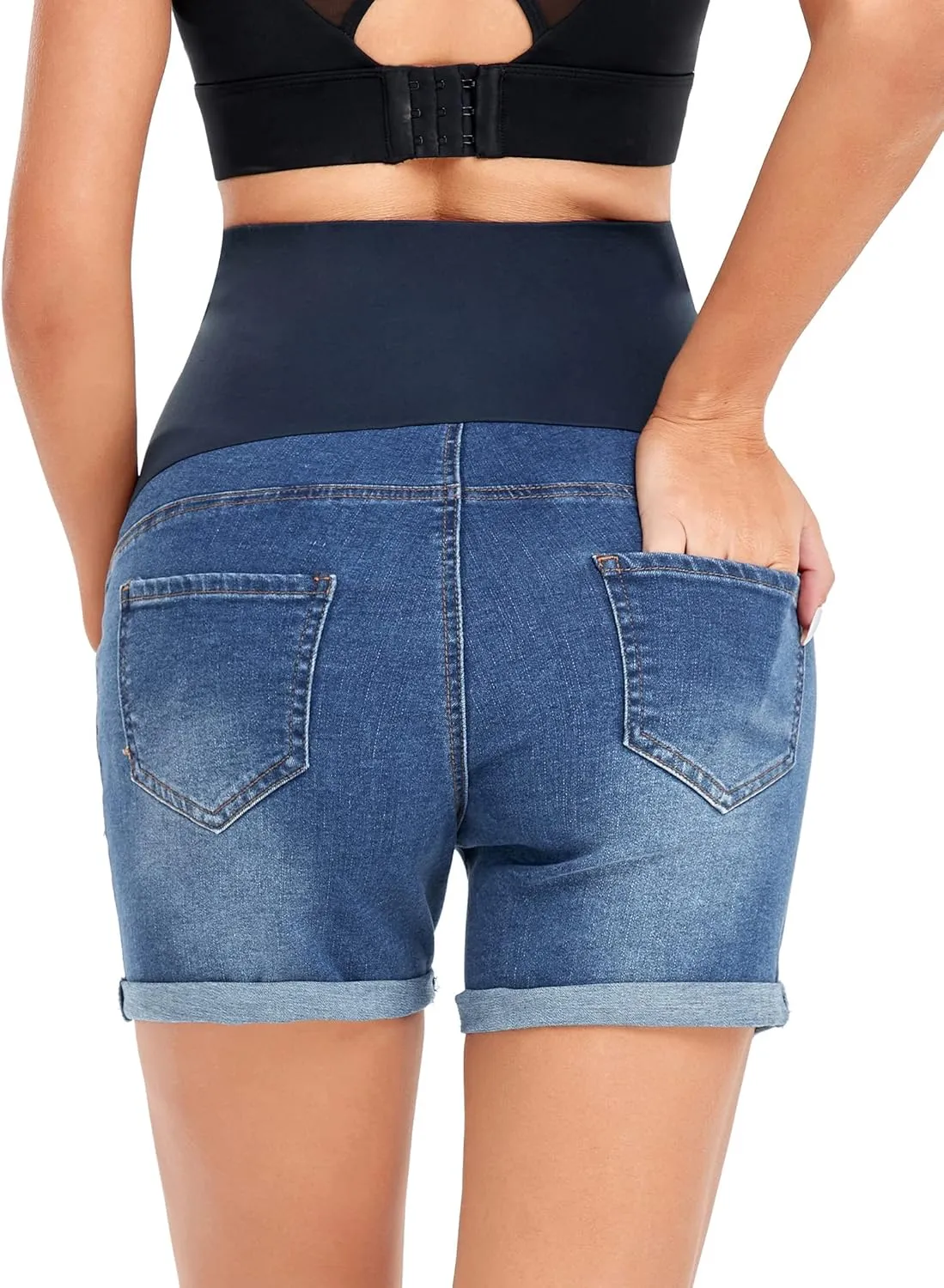 HOFISH Womens Maternity Jeans Shorts Over The Belly Stretchy Comfy Denim Pants Casual Workout Pregnancy Shorts