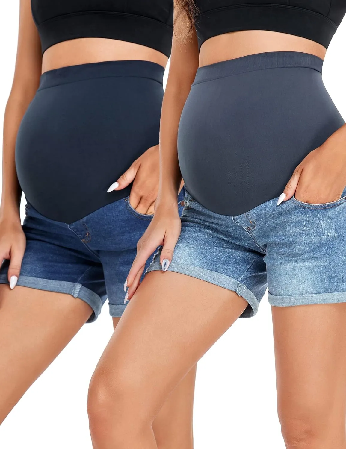 HOFISH Womens Maternity Jeans Shorts Over The Belly Stretchy Comfy Denim Pants Casual Workout Pregnancy Shorts
