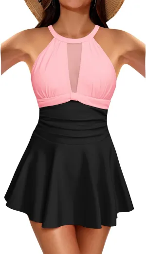 Holipick Women's One Piece Swim Dress High Neck Swimsuit Tummy Control Halter Modest Skirt Bathing Suits Long Swimdress