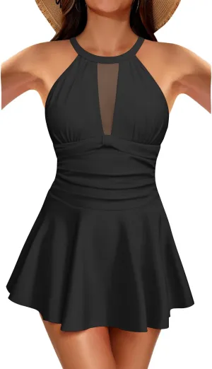 Holipick Women's One Piece Swim Dress High Neck Swimsuit Tummy Control Halter Modest Skirt Bathing Suits Long Swimdress