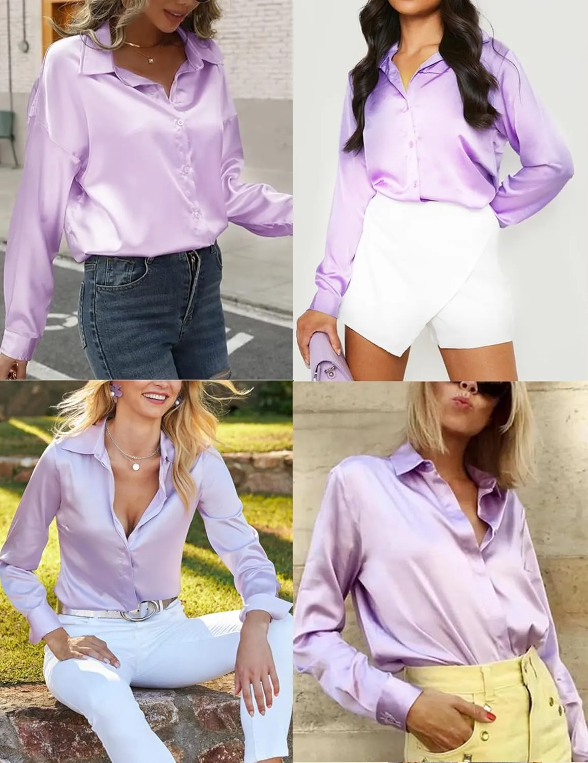 HOTOUCH Women Satin Silk Button Down Shirt Ladies Long Sleeve Tops V Neck Loose Blouse Dressy Business Casual Work Tunic Fall