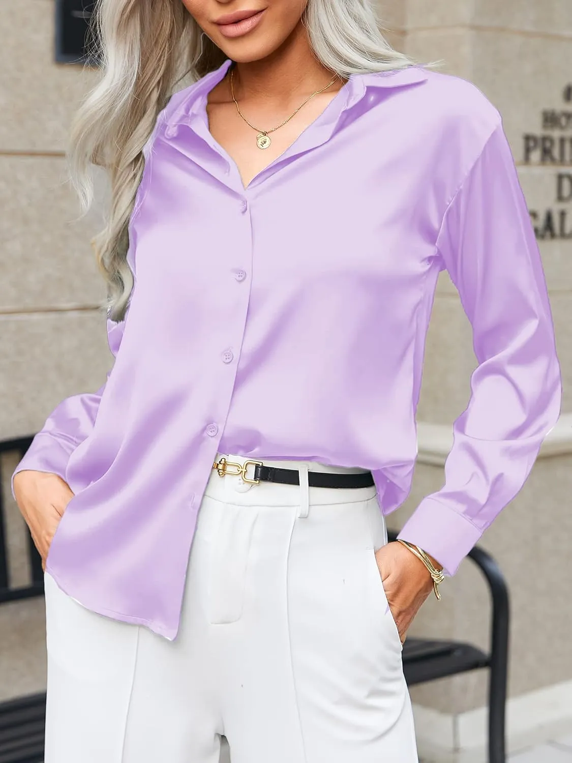 HOTOUCH Women Satin Silk Button Down Shirt Ladies Long Sleeve Tops V Neck Loose Blouse Dressy Business Casual Work Tunic Fall