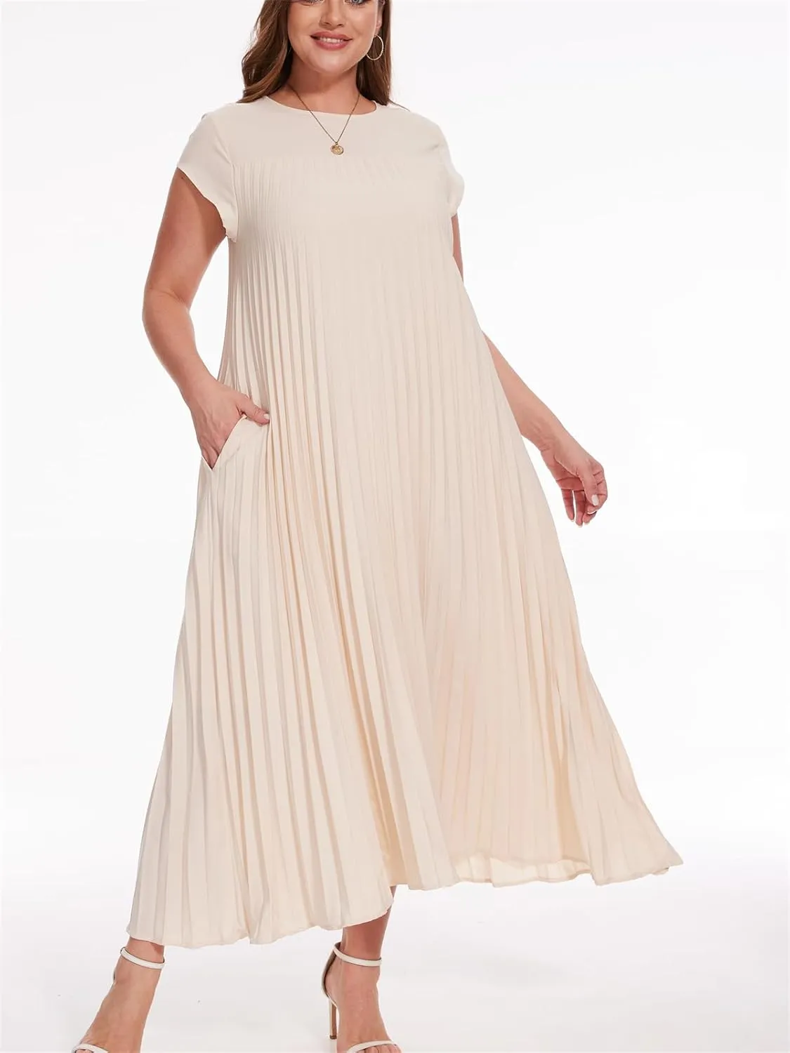 HOULENGS Women's 2025 Casual Short Sleeve Pleated Maxi Dress Loose Fit Crewneck Flowy Long Dress with Pockets