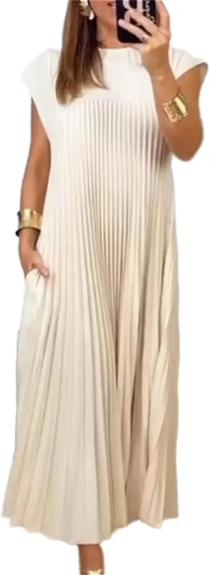 HOULENGS Women's 2025 Casual Short Sleeve Pleated Maxi Dress Loose Fit Crewneck Flowy Long Dress with Pockets
