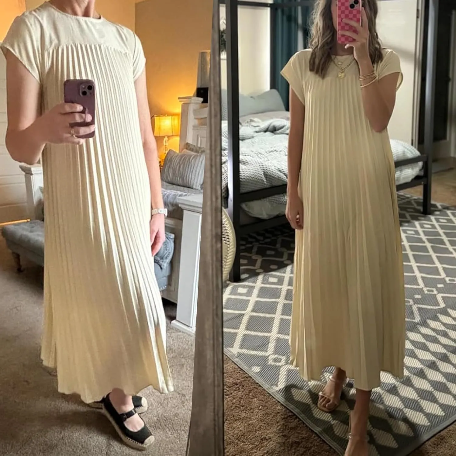 HOULENGS Women's 2025 Casual Short Sleeve Pleated Maxi Dress Loose Fit Crewneck Flowy Long Dress with Pockets