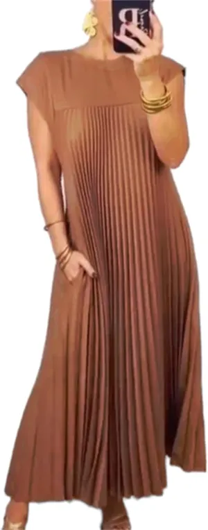 HOULENGS Women's 2025 Casual Short Sleeve Pleated Maxi Dress Loose Fit Crewneck Flowy Long Dress with Pockets