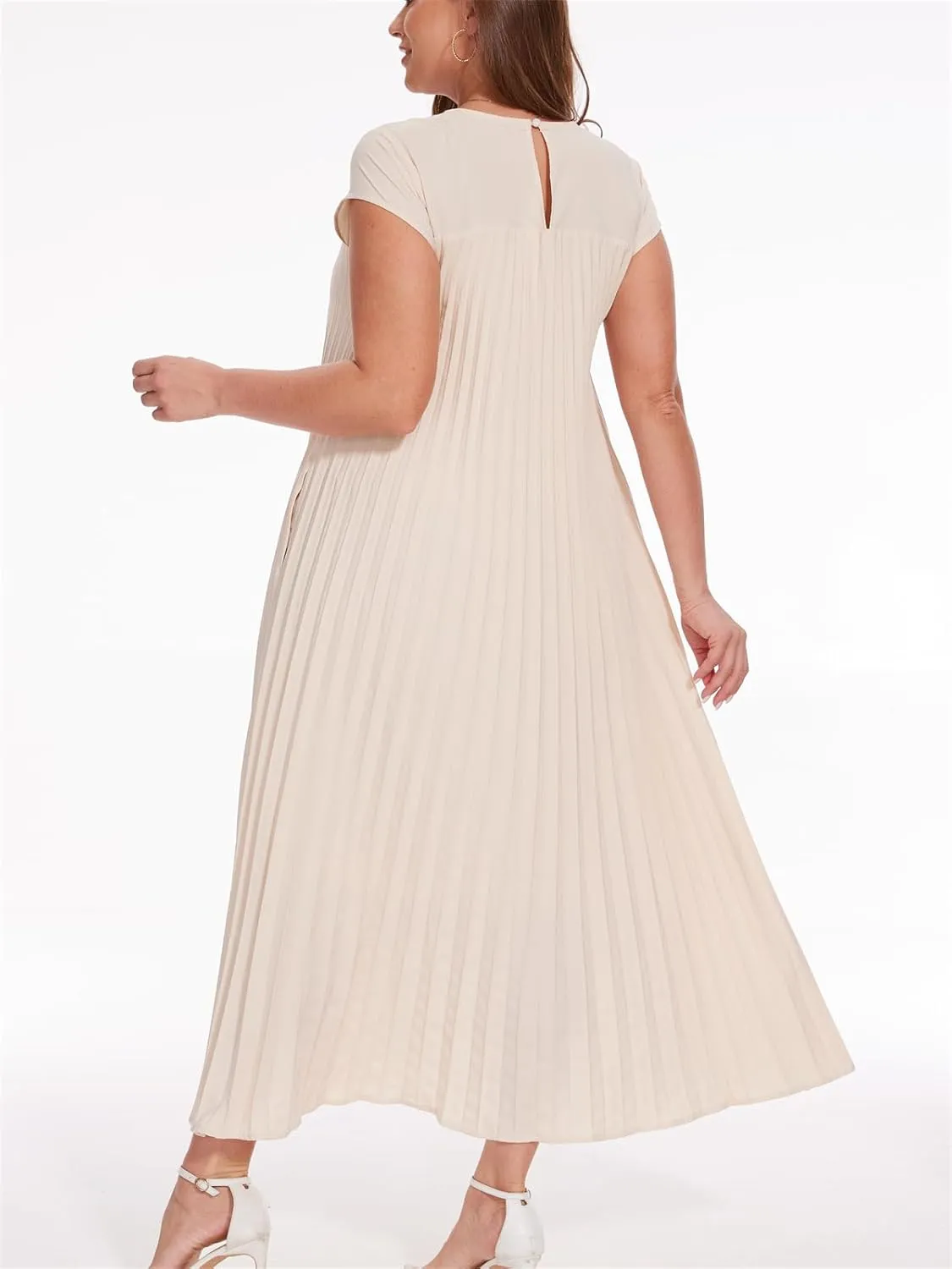 HOULENGS Women's 2025 Casual Short Sleeve Pleated Maxi Dress Loose Fit Crewneck Flowy Long Dress with Pockets