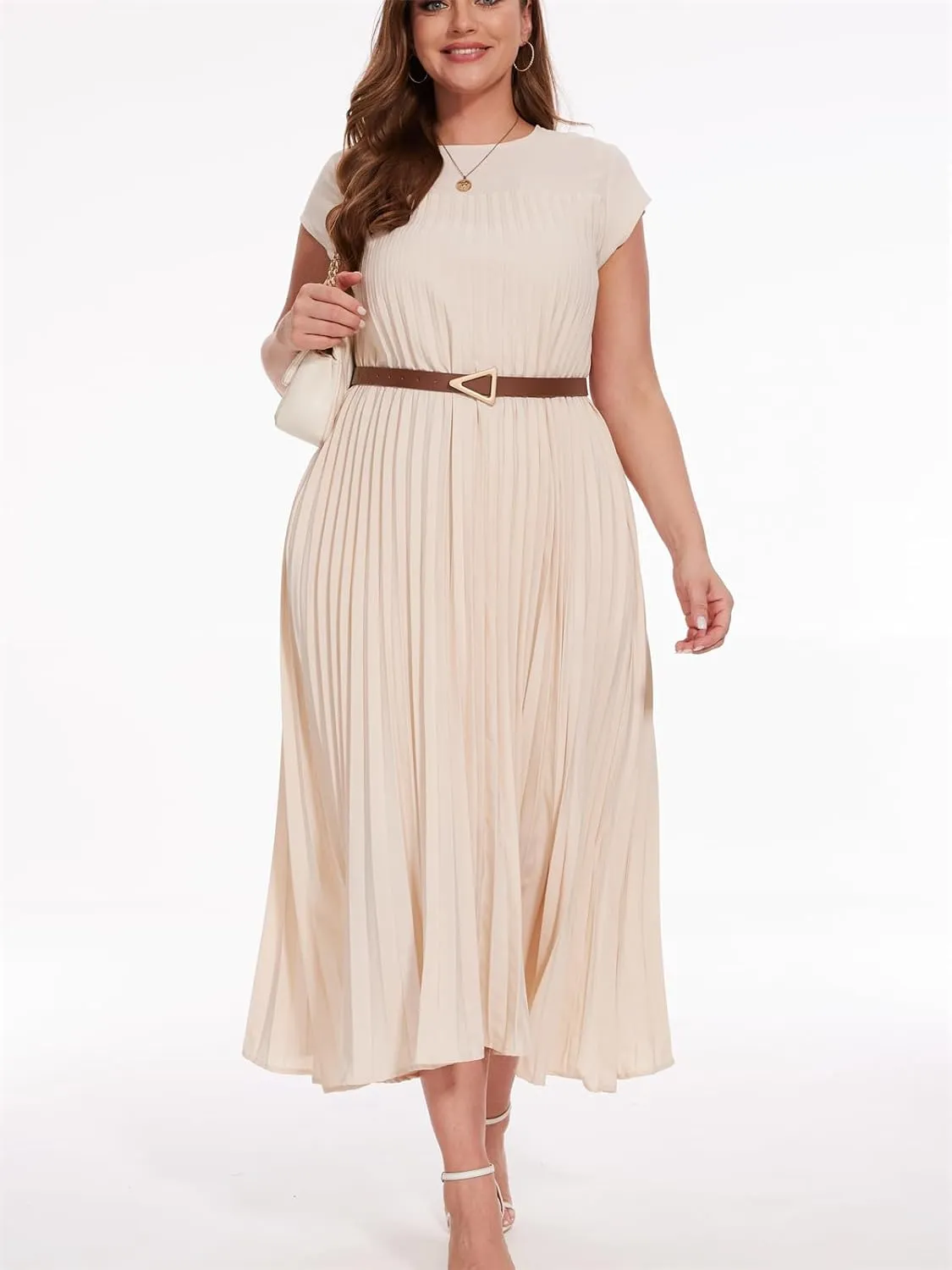 HOULENGS Women's 2025 Casual Short Sleeve Pleated Maxi Dress Loose Fit Crewneck Flowy Long Dress with Pockets