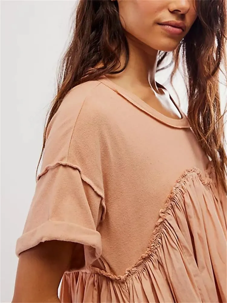 HOULENGS Women's Oversized Sweatshirt Dress Crew Neck Patchwork Mini Dress Short Sleeve Loose Fit Pullover Pleated Dresses