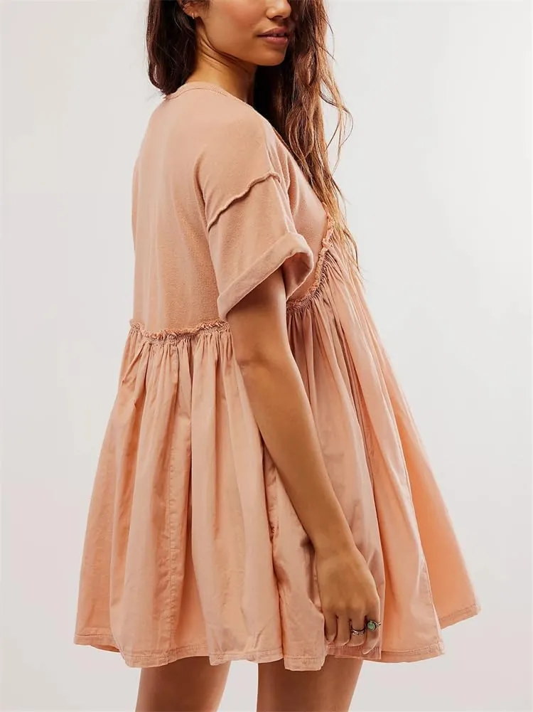 HOULENGS Women's Oversized Sweatshirt Dress Crew Neck Patchwork Mini Dress Short Sleeve Loose Fit Pullover Pleated Dresses