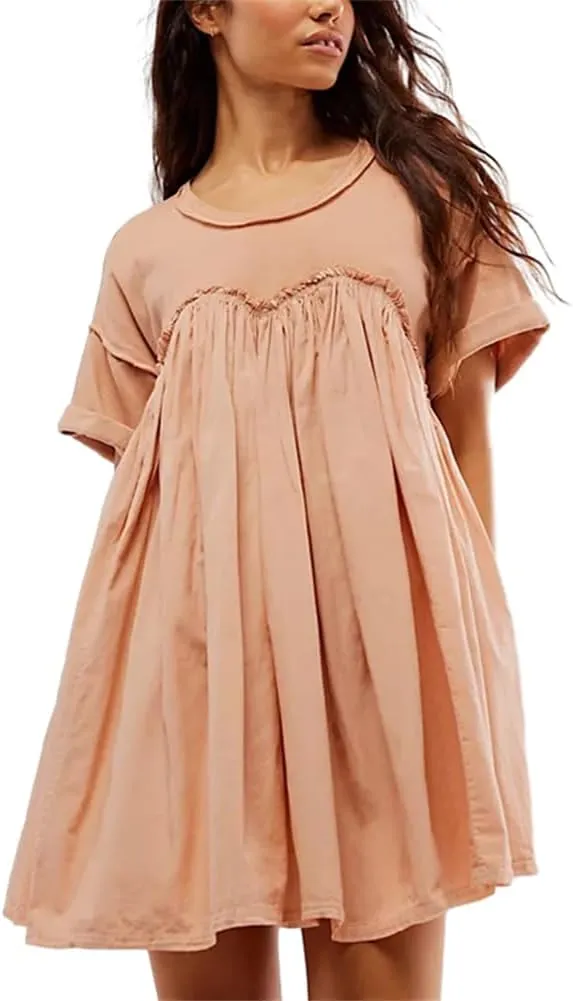 HOULENGS Women's Oversized Sweatshirt Dress Crew Neck Patchwork Mini Dress Short Sleeve Loose Fit Pullover Pleated Dresses