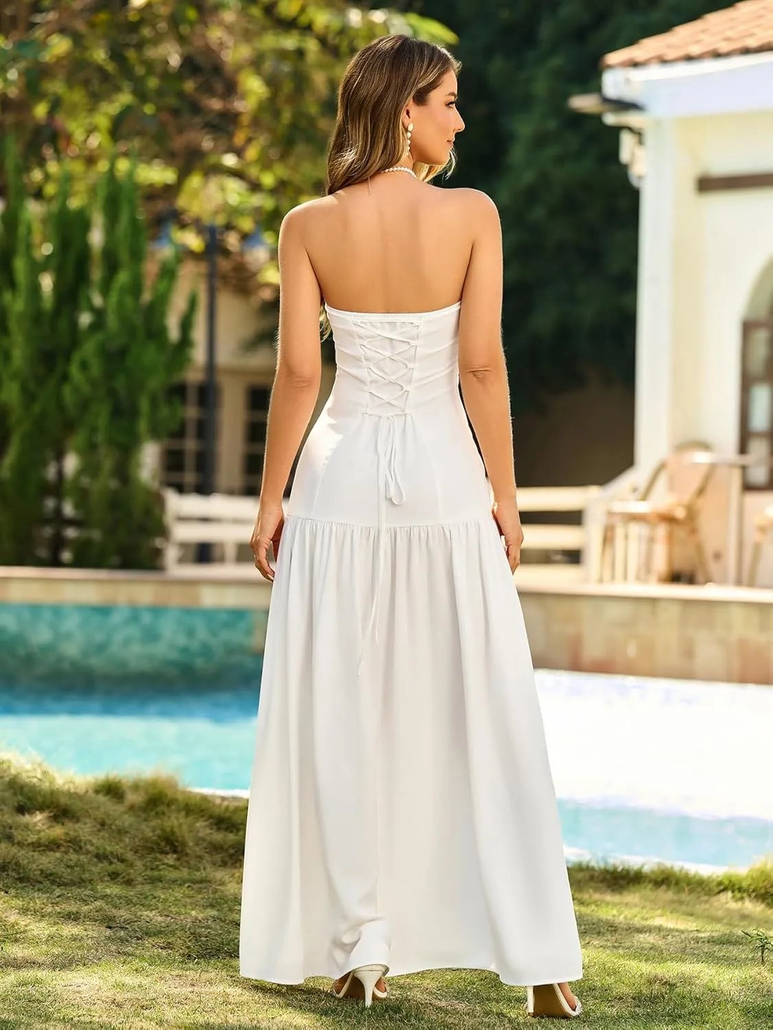 HTZMO Elegant Strapless Slit Maxi Dress Tie Back Wedding Gutst Formal Long Dresses for Women 2025
