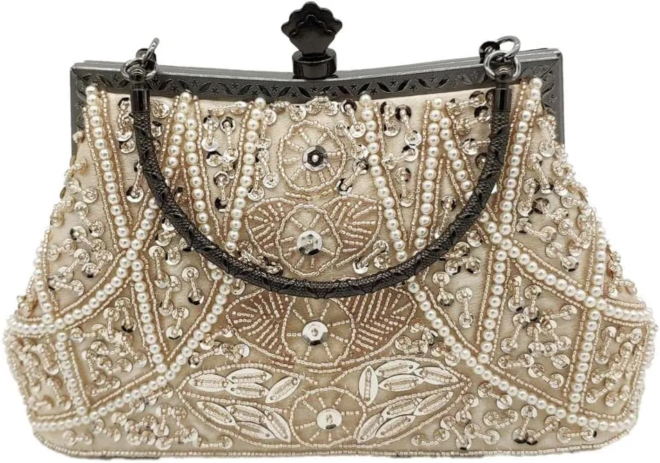 HUFFA Vintage Women Champagne Beaded Evening Purses Wedding Handbags Ladies Cocktail Party Beading Clutch Bags (Color : Champagne)