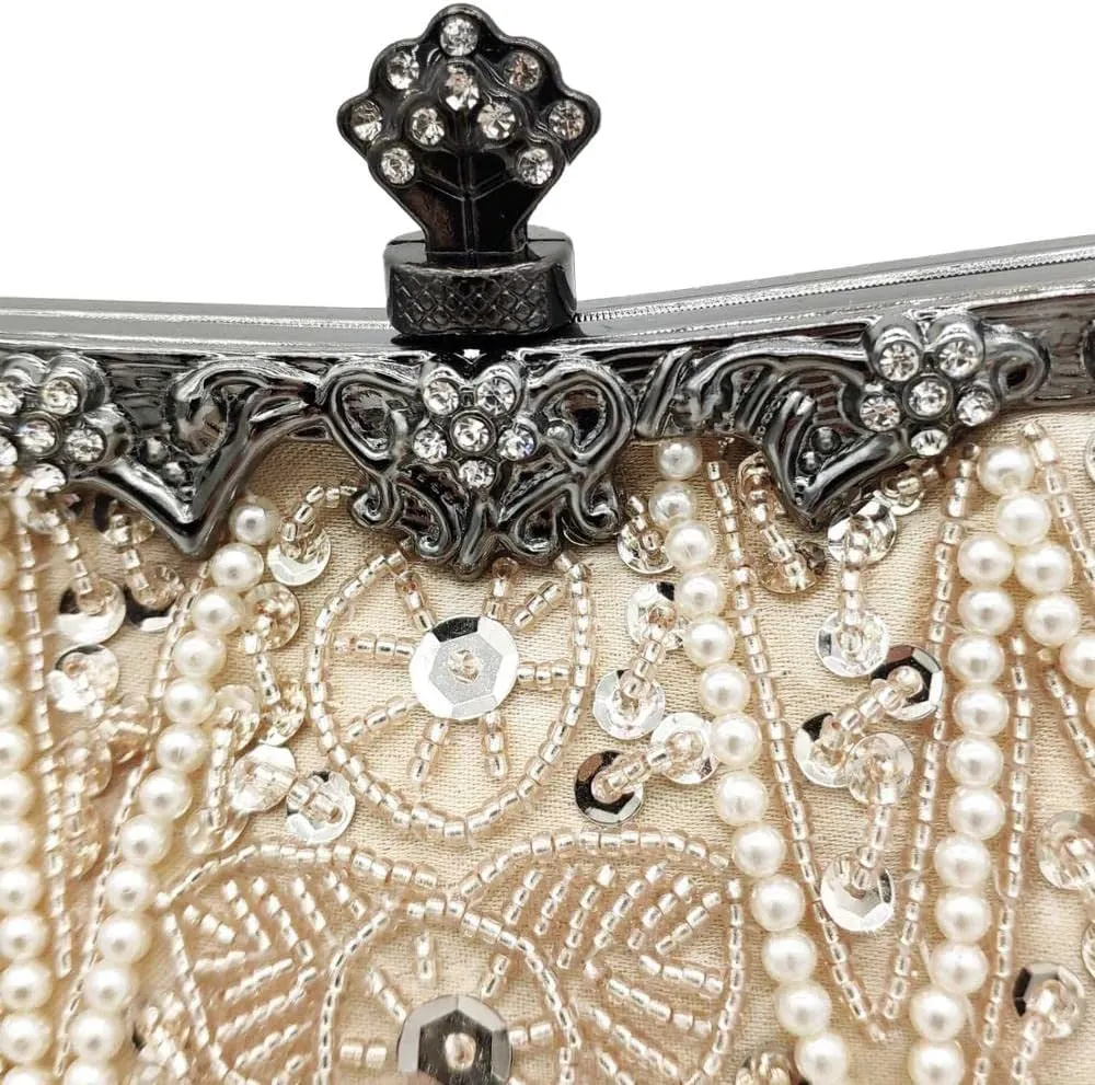 HUFFA Vintage Women Champagne Beaded Evening Purses Wedding Handbags Ladies Cocktail Party Beading Clutch Bags (Color : Champagne)