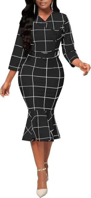 HugeNice Women's Business Work Midi Dress Elegant Bodycon Fishtail Dress Formal Church Wedding Guest Dresses