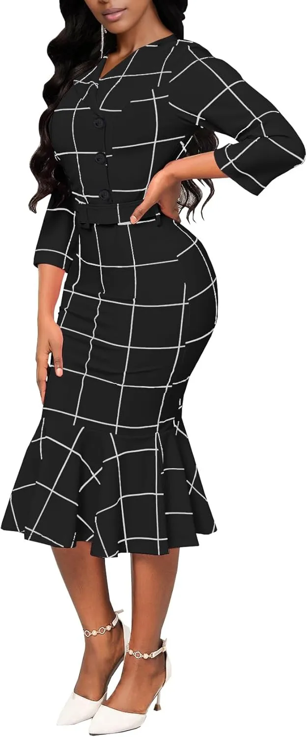 HugeNice Women's Business Work Midi Dress Elegant Bodycon Fishtail Dress Formal Church Wedding Guest Dresses
