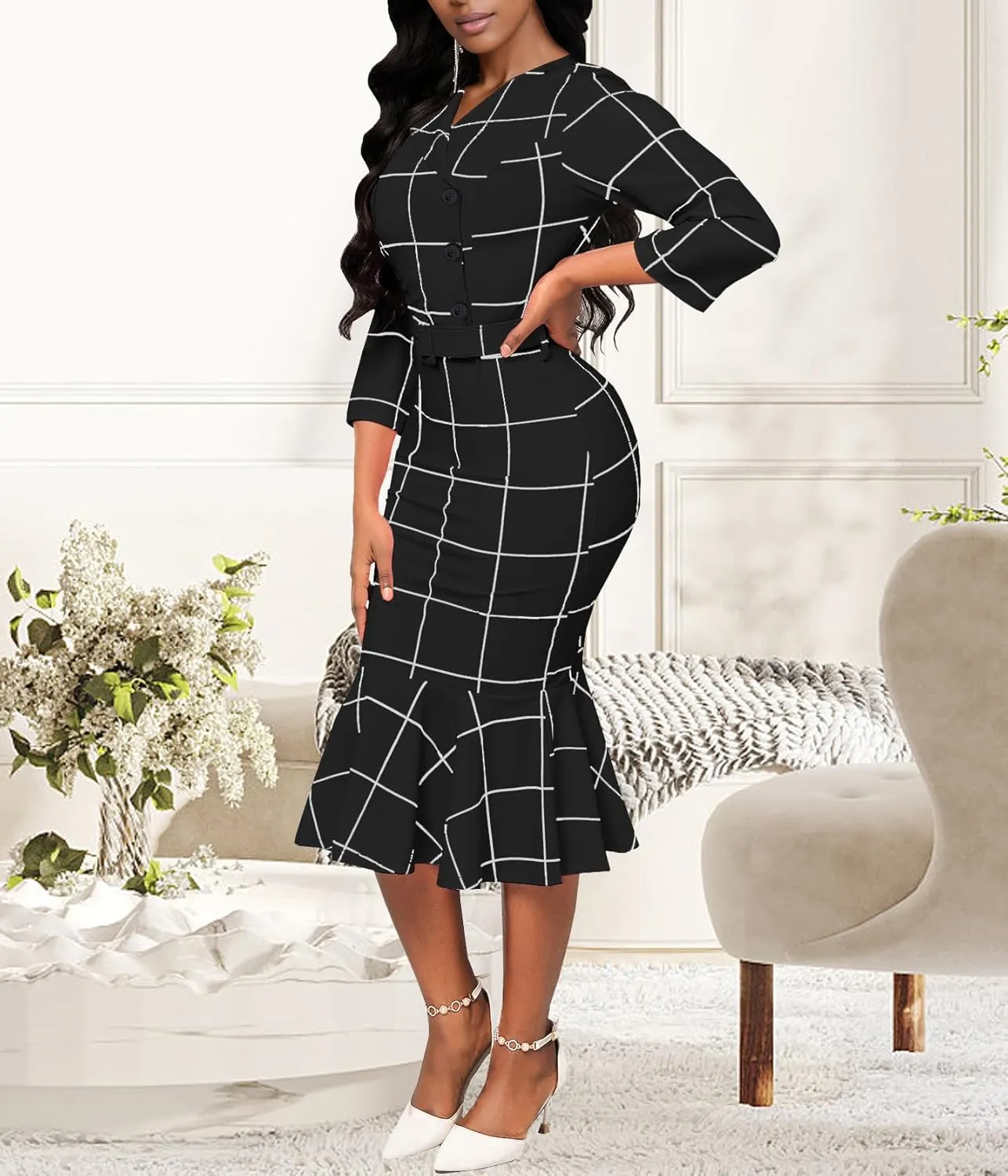 HugeNice Women's Business Work Midi Dress Elegant Bodycon Fishtail Dress Formal Church Wedding Guest Dresses