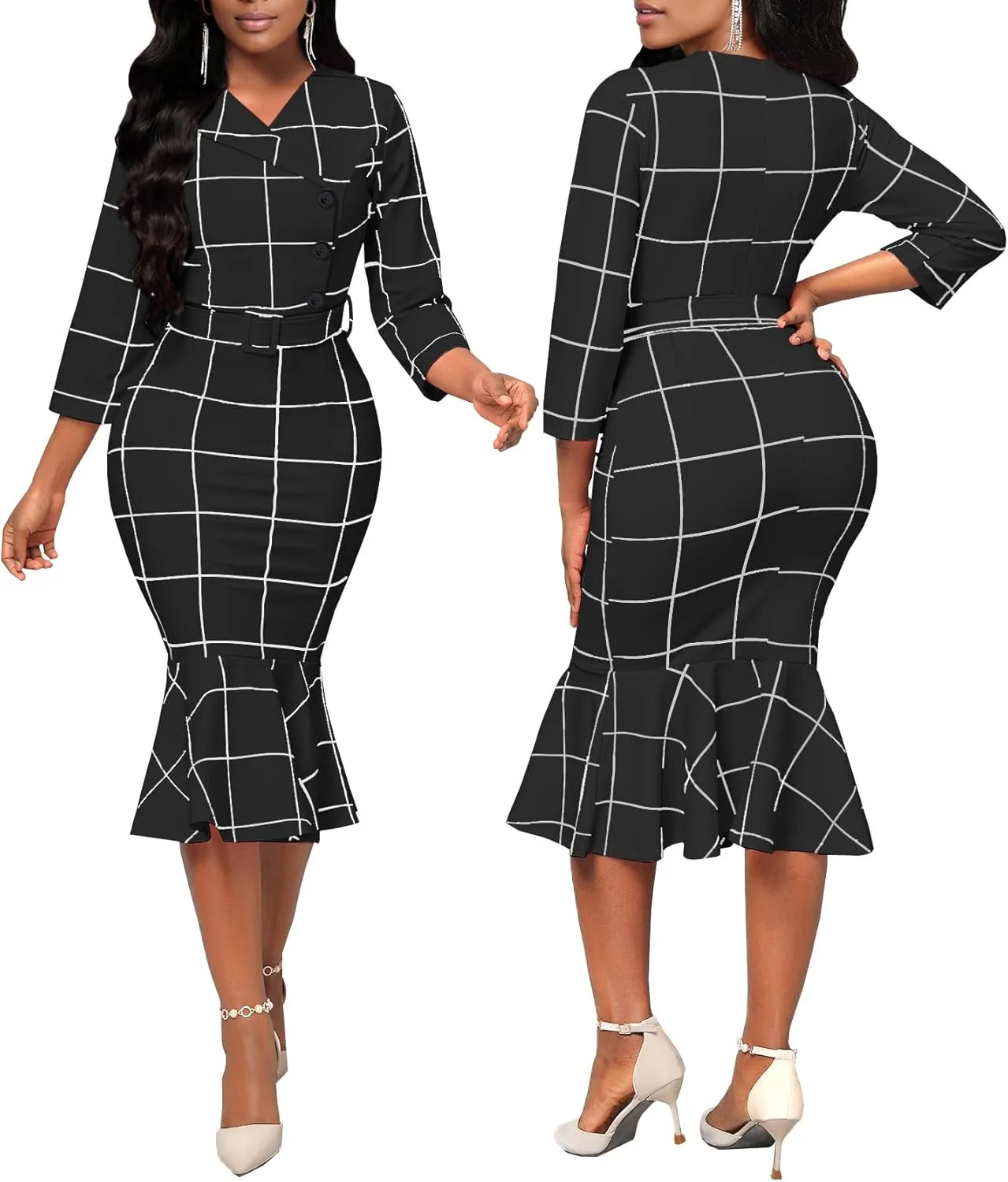 HugeNice Women's Business Work Midi Dress Elegant Bodycon Fishtail Dress Formal Church Wedding Guest Dresses