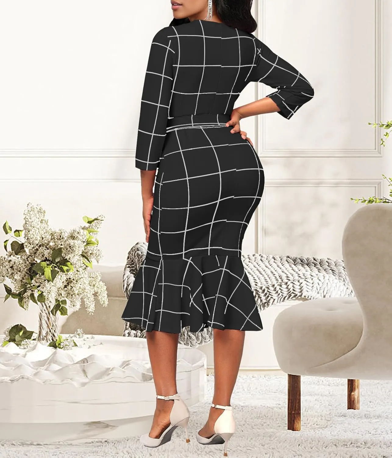 HugeNice Women's Business Work Midi Dress Elegant Bodycon Fishtail Dress Formal Church Wedding Guest Dresses
