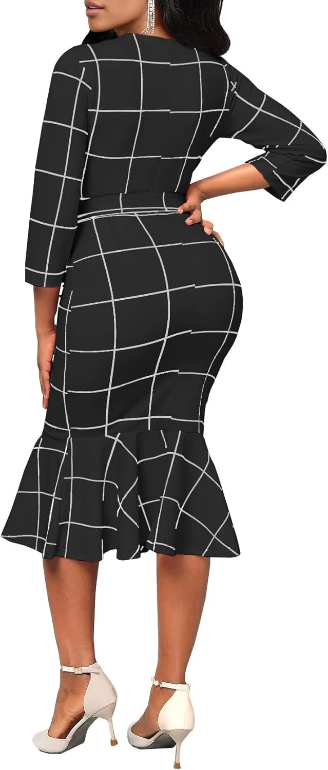 HugeNice Women's Business Work Midi Dress Elegant Bodycon Fishtail Dress Formal Church Wedding Guest Dresses