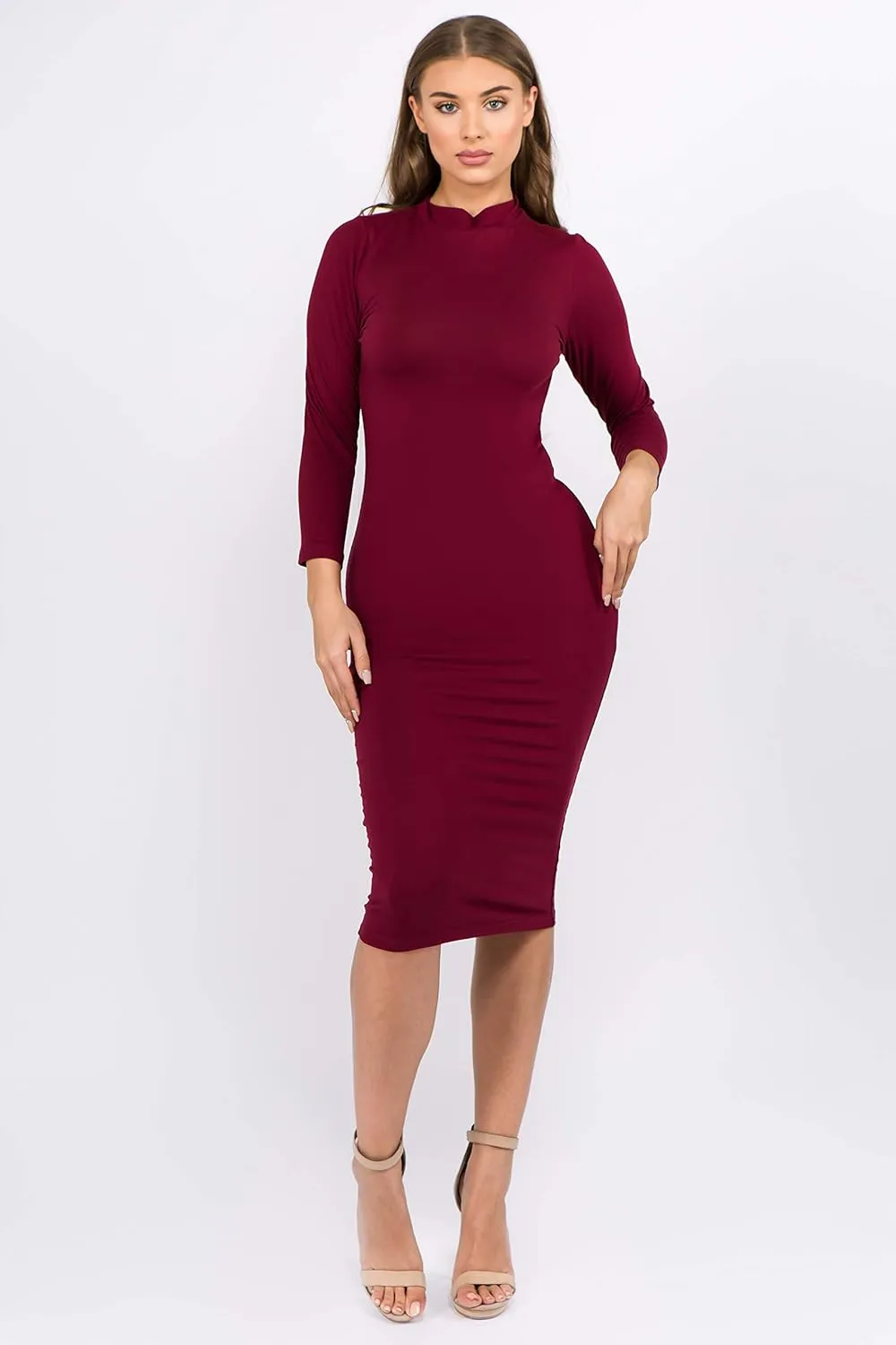 ICONOFLASH Women's 3/4 Sleeves Mock Neck Bodycon Midi Dresses
