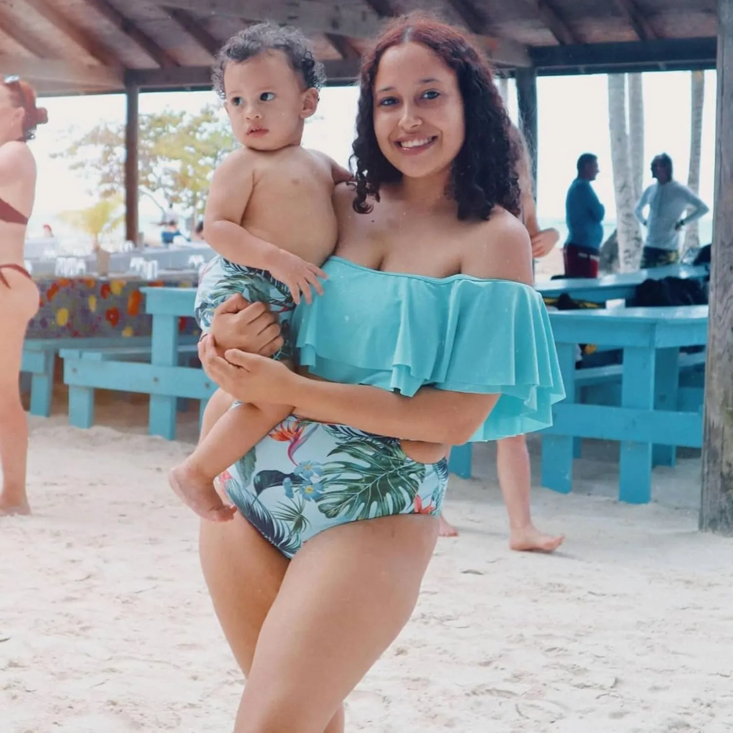 IFFEI Family Matching Swimsuits Two Pieces Ruffles Bikini Set Mommy and Me Bathing Suits with Straps