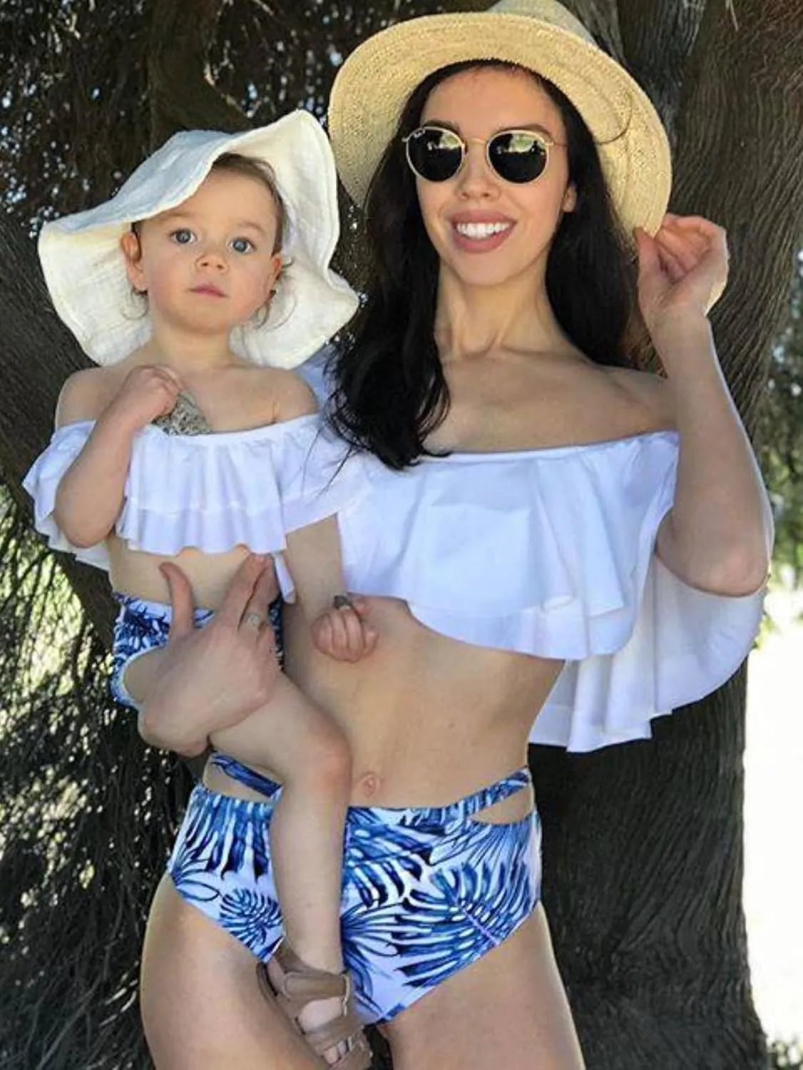 IFFEI Family Matching Swimsuits Two Pieces Ruffles Bikini Set Mommy and Me Bathing Suits with Straps