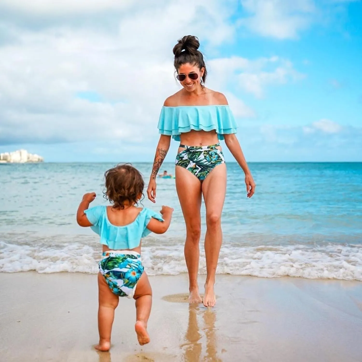 IFFEI Family Matching Swimsuits Two Pieces Ruffles Bikini Set Mommy and Me Bathing Suits with Straps