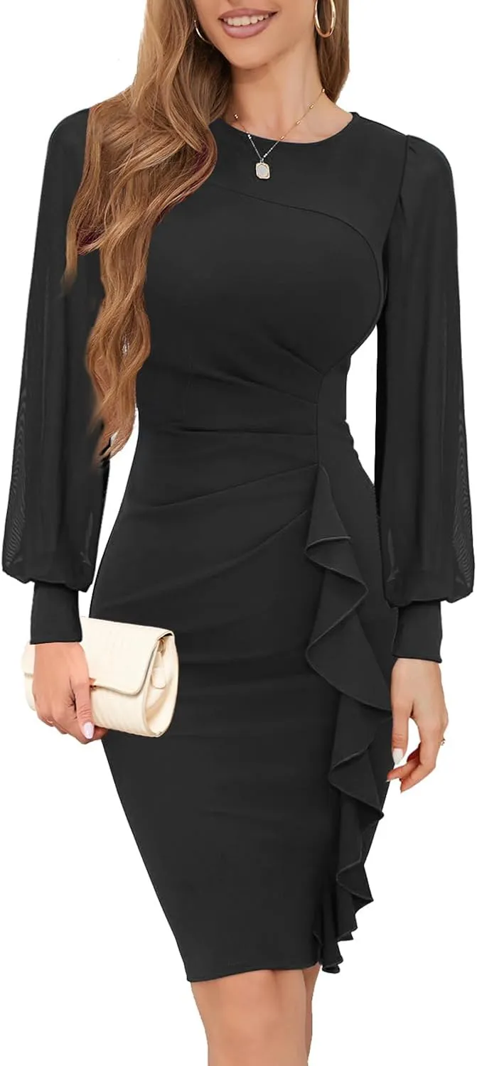 IHOT 2025 Women's Long Sheer Sleeve Ruched Sheath Bodycon Cocktail Party Work Dress