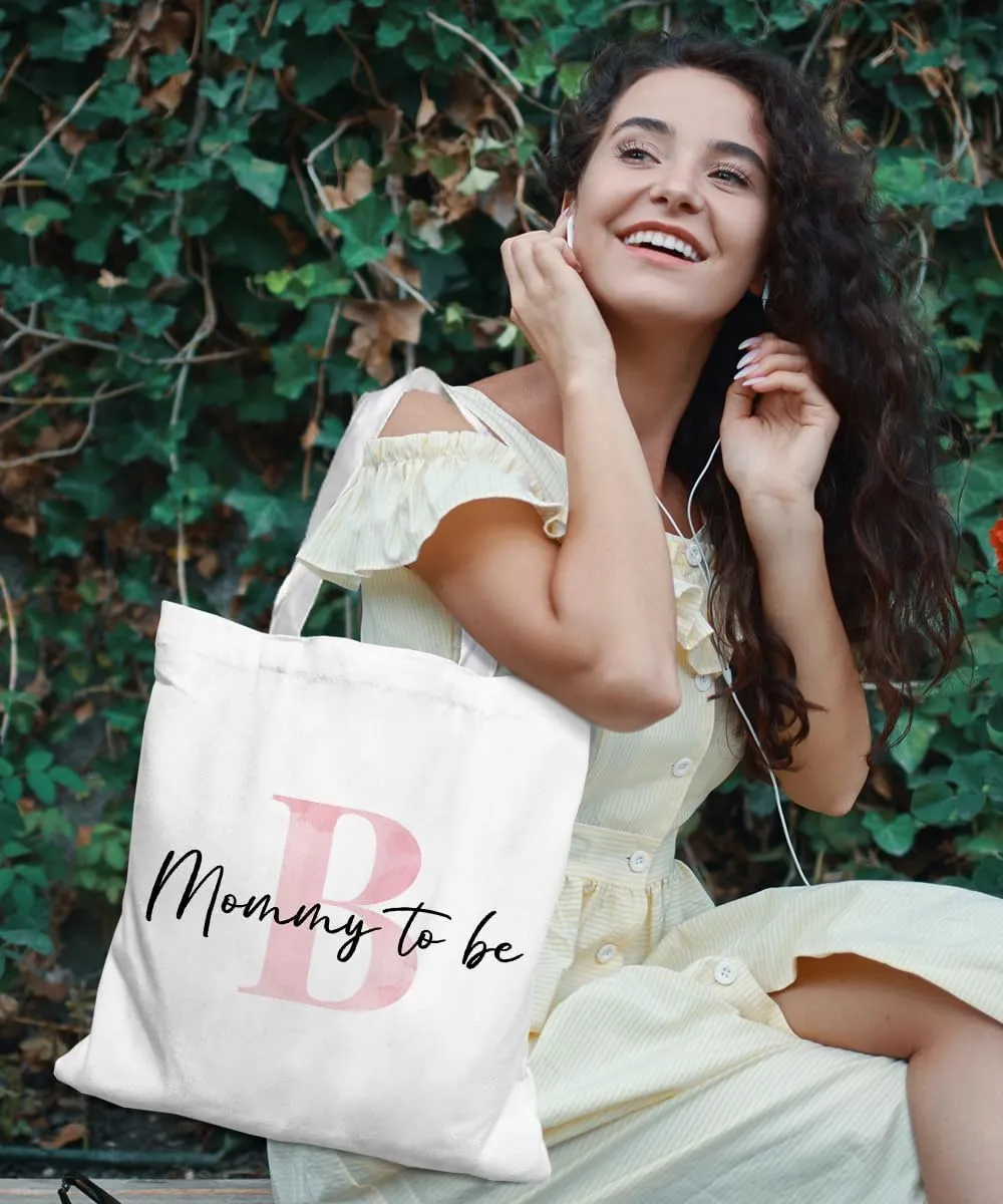 Initial Mommy to Be Gifts Pink Canvas Tote Bag for Women, New Mom Gifts, Mommy to be Gift Tote Bag, Alphabet Tote Bag